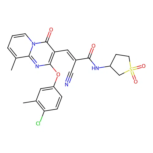 (2E)-3-[2-(4-chloro-3-methylphenoxy)-9-methyl-4-oxo-4H-pyrido[1,2-a]pyrimidin-3-yl]-2-cyano-N-(1,1-dioxidotetrahydrothiophen-3-yl)prop-2-enamide structure