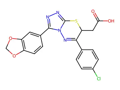 2-[3-(1,3-benzodioxol-5-yl)-6-(4-chlorophenyl)-7H-[1,2,4]triazolo[3,4-b][1,3,4]thiadiazin-7-yl]acetic acid structure