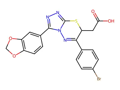 2-[3-(1,3-benzodioxol-5-yl)-6-(4-bromophenyl)-7H-[1,2,4]triazolo[3,4-b][1,3,4]thiadiazin-7-yl]acetic acid structure