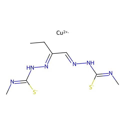 Copper (II) ethylglyoxal bis(N(4)-methylthiosemicarbazone) structure