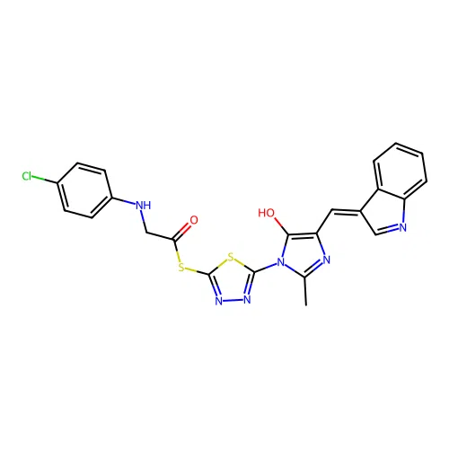 Ethanethioic acid,2-[(4-chlorophenyl)amino]-,S-[5-[4,5-dihydro-4-(1H-indol-3-ylmethylene)-2-methyl-5-oxo-1H-imidazol-1-yl]-1,3,4-thiadiazol-2-yl]ester structure