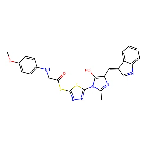 Ethanethioic acid,2-[(4-methoxyphenyl)amino]-,S-[5-[4,5-dihydro-4-(1H-indol-3-ylmethylene)-2-methyl-5-oxo-1H-imidazol-1-yl]-1,3,4-thiadiazol-2-yl]ester structure