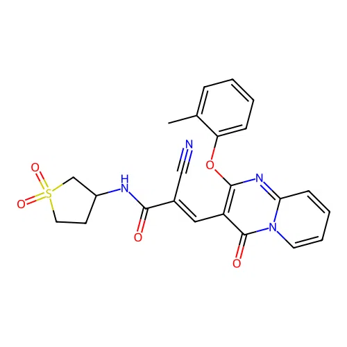 (2E)-2-cyano-N-(1,1-dioxidotetrahydrothiophen-3-yl)-3-[2-(2-methylphenoxy)-4-oxo-4H-pyrido[1,2-a]pyrimidin-3-yl]prop-2-enamide structure