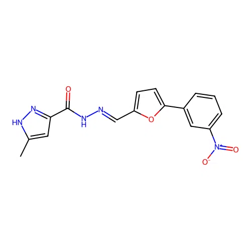 3-methyl-N'-{(E)-[5-(3-nitrophenyl)furan-2-yl]methylidene}-1H-pyrazole-5-carbohydrazide structure