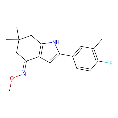 2-(4-fluoro-3-methyl-phenyl)-N-methoxy-6,6-dimethyl-5,7-dihydro-1H-indol-4-imine structure