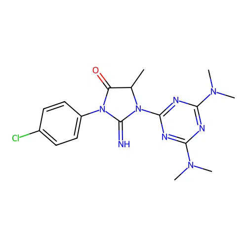 1-[4,6-bis(dimethylamino)-1,3,5-triazin-2-yl]-3-(4-chlorophenyl)-2-imino-5-methylimidazolidin-4-one structure