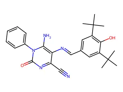 5-(1-aza-2-(3,5-bis(tert-butyl)-4-hydroxyphenyl)vinyl)-4-imino-2-oxo-3-phenyl-1H-1,3-diazine-6-carbonitrile structure