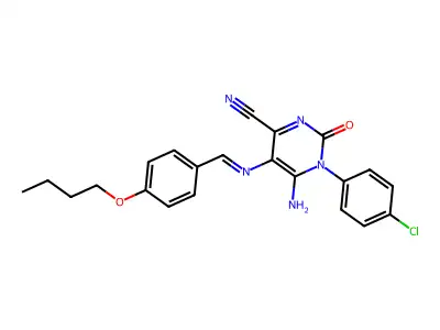 5-(1-aza-2-(4-butoxyphenyl)vinyl)-3-(4-chlorophenyl)-4-imino-2-oxo-1H-1,3-diazine-6-carbonitrile structure