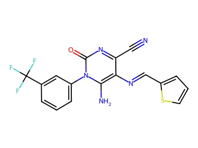 5-(1-Aza-2-(2-thienyl)vinyl)-4-imino-2-oxo-3-(3-(trifluoromethyl)phenyl)-1H-1,3-diazine-6-carbonitrile structure