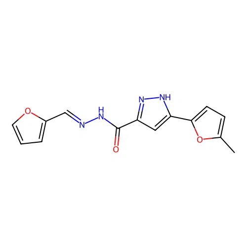 N'-[(E)-furan-2-ylmethylidene]-3-(5-methylfuran-2-yl)-1H-pyrazole-5-carbohydrazide structure
