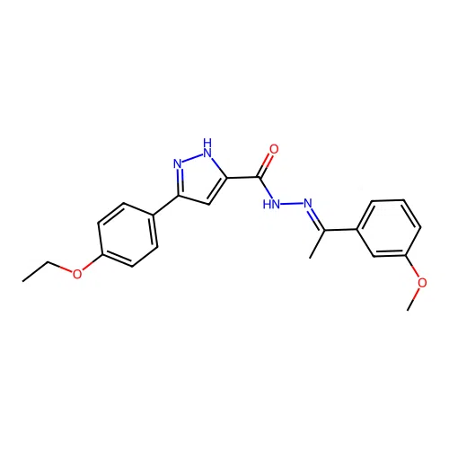 (E)-3-(4-ethoxyphenyl)-N'-(1-(3-methoxyphenyl)ethylidene)-1H-pyrazole-5-carbohydrazide structure