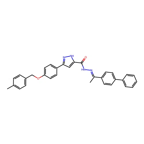 (E)-N'-(1-([1,1'-biphenyl]-4-yl)ethylidene)-3-(4-((4-methylbenzyl)oxy)phenyl)-1H-pyrazole-5-carbohydrazide structure