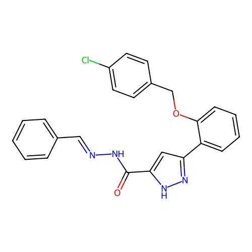 3-{2-[(4-chlorobenzyl)oxy]phenyl}-N'-[(E)-phenylmethylidene]-1H-pyrazole-5-carbohydrazide structure