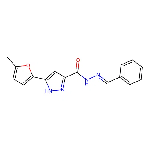 N-[(E)-benzylideneamino]-5-(5-methylfuran-2-yl)-1H-pyrazole-3-carboxamide structure