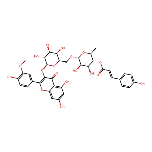 Isorhamnetin 3-O-beta-(4'''-4-coumaroyl-alpha-rhamnosyl(1-6)galactoside) structure