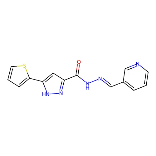 (E)-N'-(pyridin-3-ylmethylene)-3-(thiophen-2-yl)-1H-pyrazole-5-carbohydrazide structure