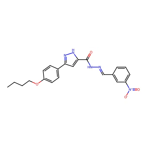 (E)-3-(4-butoxyphenyl)-N'-(3-nitrobenzylidene)-1H-pyrazole-5-carbohydrazide structure