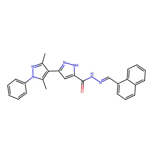(E)-3',5'-dimethyl-N'-(naphthalen-1-ylmethylene)-1'-phenyl-1H,1'H-[3,4'-bipyrazole]-5-carbohydrazide structure