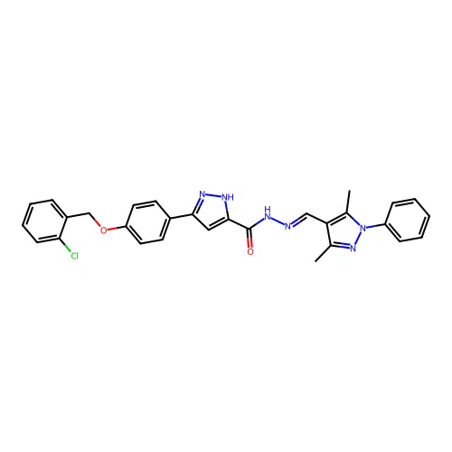 3-{4-[(2-chlorobenzyl)oxy]phenyl}-N'-[(E)-(3,5-dimethyl-1-phenyl-1H-pyrazol-4-yl)methylidene]-1H-pyrazole-5-carbohydrazide structure