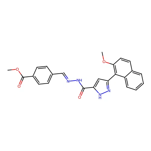methyl 4-((1E)-2-{[3-(2-methoxynaphthyl)pyrazol-5-yl]carbonylamino}-2-azavinyl )benzoate structure