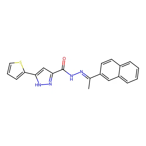 (E)-N'-(1-(naphthalen-2-yl)ethylidene)-3-(thiophen-2-yl)-1H-pyrazole-5-carbohydrazide structure