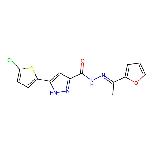 (E)-3-(5-chlorothiophen-2-yl)-N'-(1-(furan-2-yl)ethylidene)-1H-pyrazole-5-carbohydrazide structure