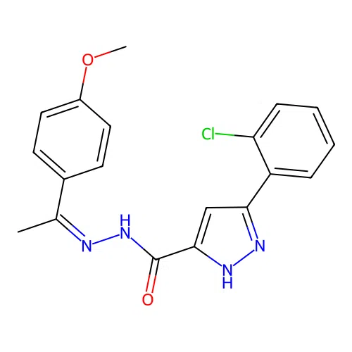 (Z)-3-(2-chlorophenyl)-N'-(1-(4-methoxyphenyl)ethylidene)-1H-pyrazole-5-carbohydrazide structure