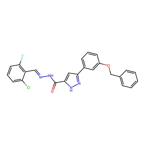 (E)-3-(3-(benzyloxy)phenyl)-N'-(2-chloro-6-fluorobenzylidene)-1H-pyrazole-5-carbohydrazide structure