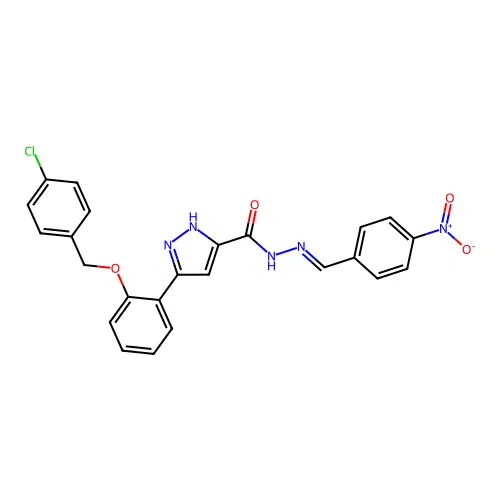 3-{2-[(4-chlorobenzyl)oxy]phenyl}-N'-[(E)-(4-nitrophenyl)methylidene]-1H-pyrazole-5-carbohydrazide structure
