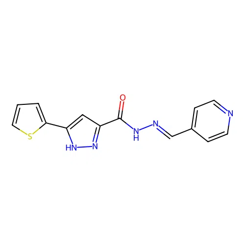 (E)-N'-(pyridin-4-ylmethylene)-3-(thiophen-2-yl)-1H-pyrazole-5-carbohydrazide structure
