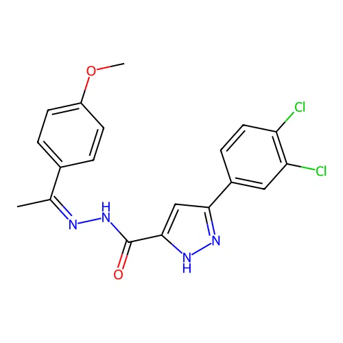 (Z)-3-(3,4-dichlorophenyl)-N'-(1-(4-methoxyphenyl)ethylidene)-1H-pyrazole-5-carbohydrazide structure