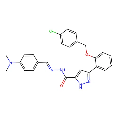 (E)-3-(2-((4-chlorobenzyl)oxy)phenyl)-N'-(4-(dimethylamino)benzylidene)-1H-pyrazole-5-carbohydrazide structure