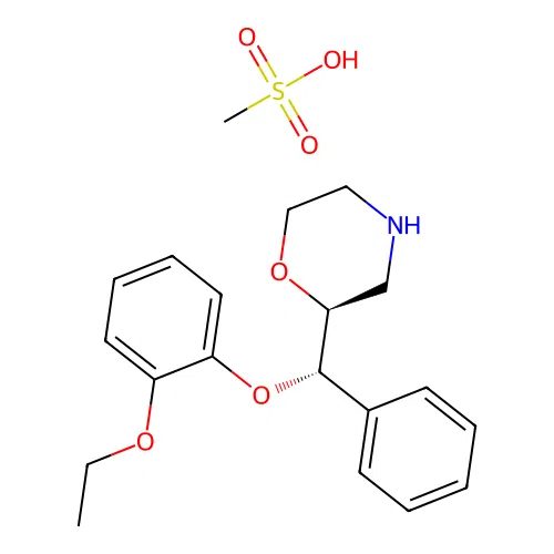(2S)-2-[(S)-(2-ethoxyphenoxy)-phenylmethyl]morpholine;methanesulfonic acid structure