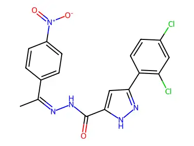 (Z)-3-(2,4-dichlorophenyl)-N'-(1-(4-nitrophenyl)ethylidene)-1H-pyrazole-5-carbohydrazide structure