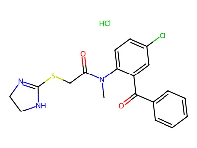 Acetamide, N-(2-benzoyl-4-chlorophenyl)-2-((4,5-dihydro-1H-imidazol-2-yl)thio)-N-methyl-, monohydrochloride structure