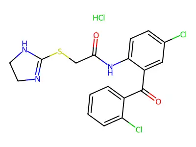 Acetamide, N-(4-chloro-2-(2-chlorobenzoyl)phenyl)-2-((4,5-dihydro-1H-imidazol-2-yl)thio)-, monohydrochloride structure