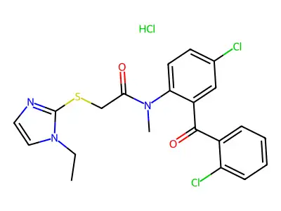 Acetamide, N-(4-chloro-2-(2-chlorobenzoyl)phenyl)-2-((1-ethyl-1H-imidazol-2-yl)thio)-N-methyl-, monohydrochloride structure