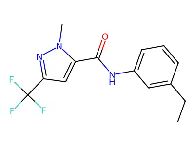 N-(3-ethylphenyl)-2-methyl-5-(trifluoromethyl)pyrazole-3-carboxamide structure