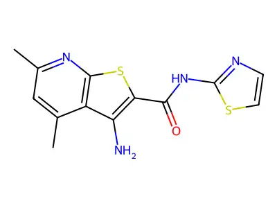 3-amino-4,6-dimethyl-N-(1,3-thiazol-2-yl)thieno[2,3-b]pyridine-2-carboxamide structure