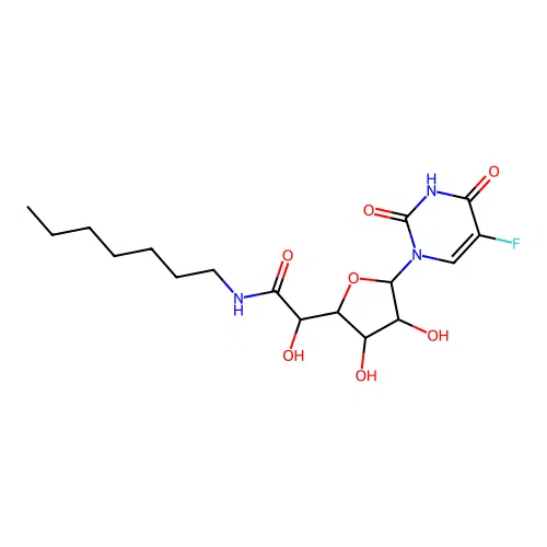 2-[5-(5-fluoro-2,4-dioxopyrimidin-1-yl)-3,4-dihydroxyoxolan-2-yl]-N-heptyl-2-hydroxyacetamide structure