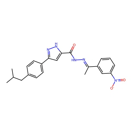 (E)-3-(4-isobutylphenyl)-N'-(1-(3-nitrophenyl)ethylidene)-1H-pyrazole-5-carbohydrazide structure