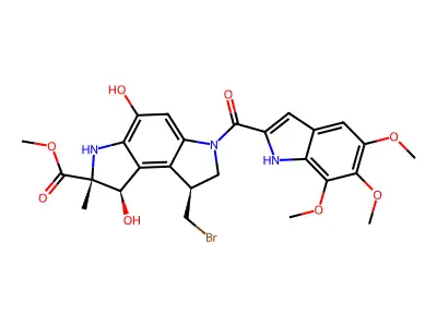 Benzo(1,2-b:4,3-b')dipyrrole-2-carboxylic acid, 1,2,3,6,7,8-hexahydro-8-(bromomethyl)-1,4-dihydroxy-2-methyl-6-((5,6,7-trimethoxy-1H-indol-2-yl)carbonyl)-, methyl ester, stereoisomer structure