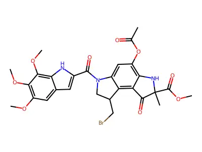 Benzo(1,2-b:4,3-b')dipyrrole-2-carboxylic acid, 1,2,3,6,7,8-hexahydro-4-(acetyloxy)-8-(bromomethyl)-2-methyl-1-oxo-6-((5,6,7-trimethoxy-1H-indol-2-yl)carbonyl)-, methyl ester structure
