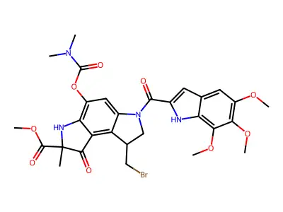 Benzo(1,2-b:4,3-b')dipyrrole-2-carboxylic acid, 1,2,3,6,7,8-hexahydro-8-(bromomethyl)-4-(((dimethylamino)carbonyl)oxy)-2-methyl-1-oxo-6-((5,6,7-trimethoxy-1H-indol-2-yl)carbonyl)-, methyl ester structure