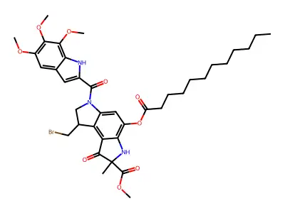Benzo(1,2-b:4,3-b')dipyrrole-2-carboxylic acid, 1,2,3,6,7,8-hexahydro-8-(bromomethyl)-2-methyl-1-oxo-4-((1-oxododecyl)oxy)-6-((5,6,7-trimethoxy-1H-indol-2-yl)carbonyl)-, methyl ester structure