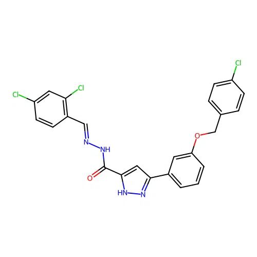3-{3-[(4-chlorobenzyl)oxy]phenyl}-N'-[(E)-(2,4-dichlorophenyl)methylidene]-1H-pyrazole-5-carbohydrazide structure