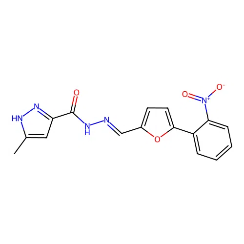 (E)-3-methyl-N'-((5-(2-nitrophenyl)furan-2-yl)methylene)-1H-pyrazole-5-carbohydrazide structure