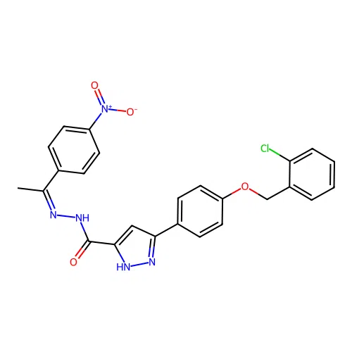 3-{4-[(2-chlorobenzyl)oxy]phenyl}-N'-[(1Z)-1-(4-nitrophenyl)ethylidene]-1H-pyrazole-5-carbohydrazide structure