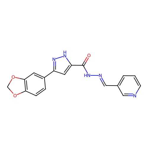 (E)-3-(benzo[d][1,3]dioxol-5-yl)-N'-(pyridin-3-ylmethylene)-1H-pyrazole-5-carbohydrazide structure