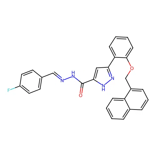 (E)-N'-(4-fluorobenzylidene)-3-(2-(naphthalen-1-ylmethoxy)phenyl)-1H-pyrazole-5-carbohydrazide structure